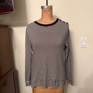 Lauren Ralph Lauren Black White Striped Asymmetrical Button Shoulder T-Shirt Top